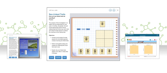 Rotating carousel of Inspire Science pages featuring graphs and Punnett squares